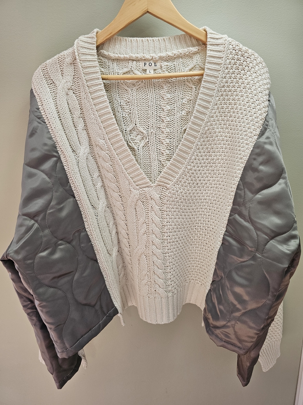 POL Two-Tone V-Neck Cable Knit Sweater in Cream and Olive Green Satin Sides.